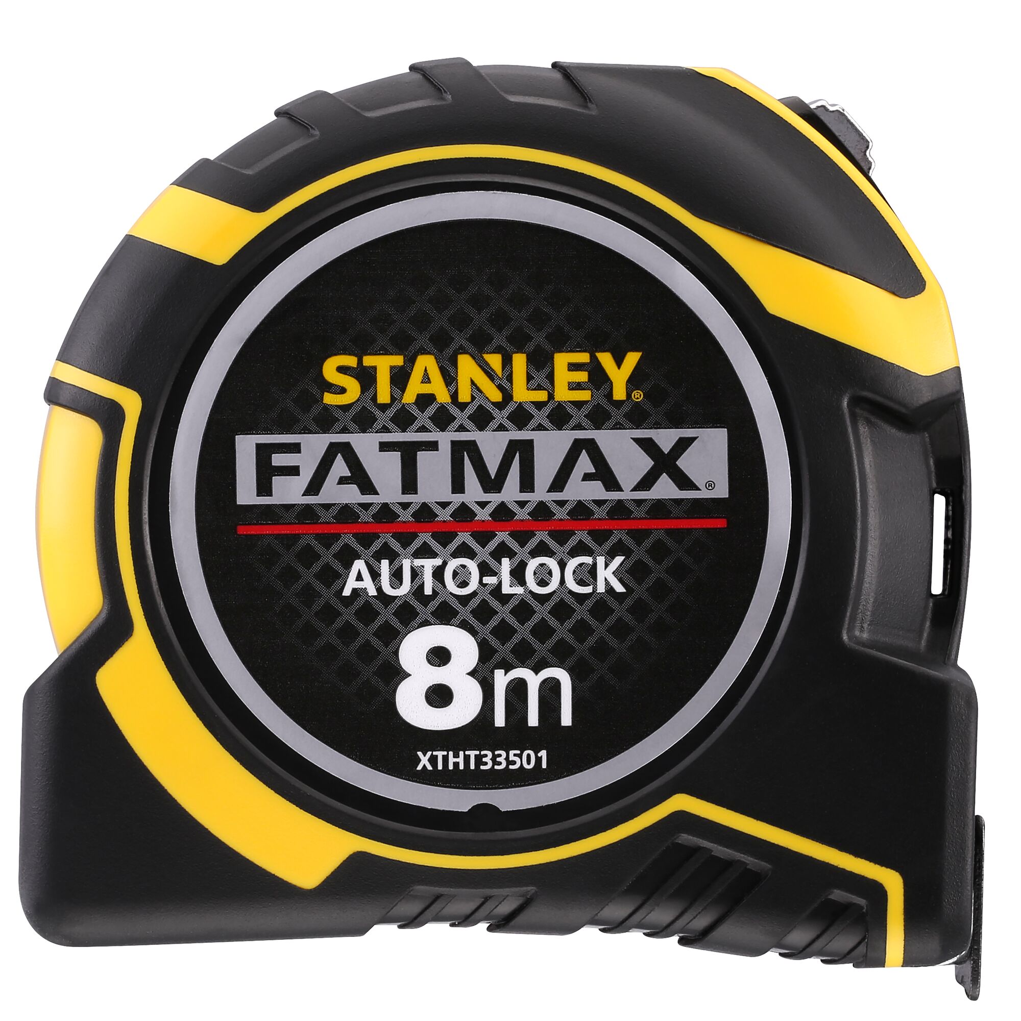 Mètre ruban Stanley FatMax auto-lock, longueur 8 mètres, boîtier noir et jaune.